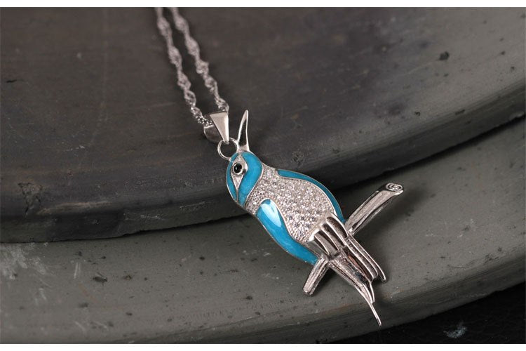 Real S925 Sterling Silver Handmade Enamel kingfisher Pendants Necklaces Women Cute Birds Jewelry Ethnic Crystals Bijoux