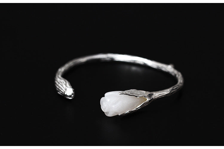 Real S925 Sterling Silver Luxury Natural White Jade Magnolia Bangles Women Elegant Floral Bangle Handmade Ethnic Bijoux