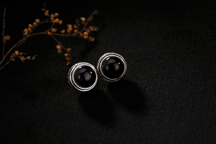 Real S925 Sterling Silver Men Stud Earrings Neutral Black Agate Earrings Luxury Gemstone Studs Handmade Faceted Jewelry