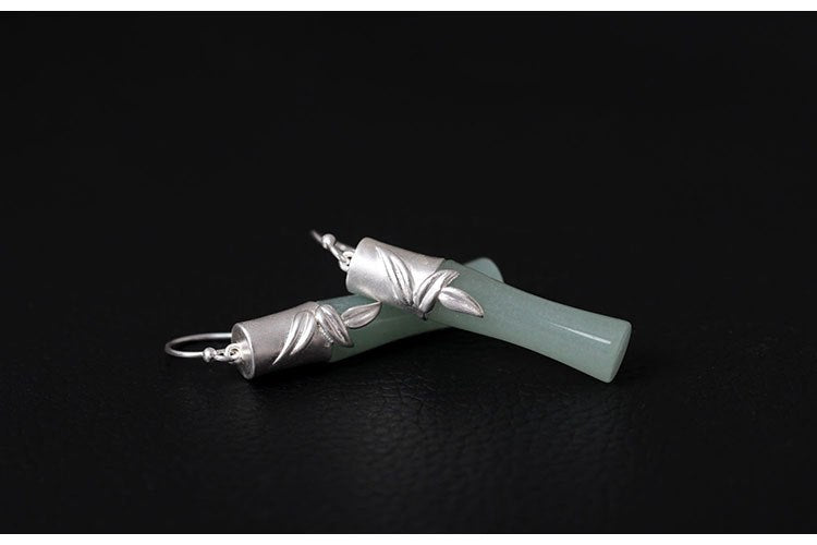 Real S925 Sterling Silver Natural Jade Earrings Handmade Bamboo Dangle Earrings for Women Ethnic Brincos Bijoux Jewelry