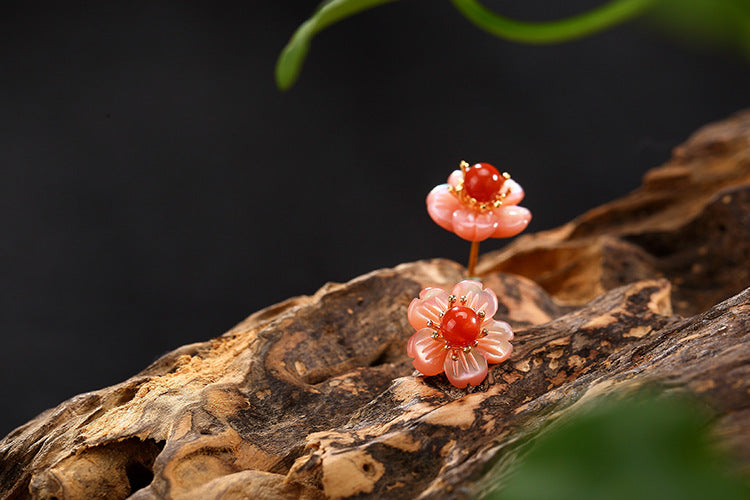 Real S925 Sterling Silver Natural Pink Shell Flower Stud Earrings Turquoise Beads Brincos Bijoux for Women Fine Jewelry