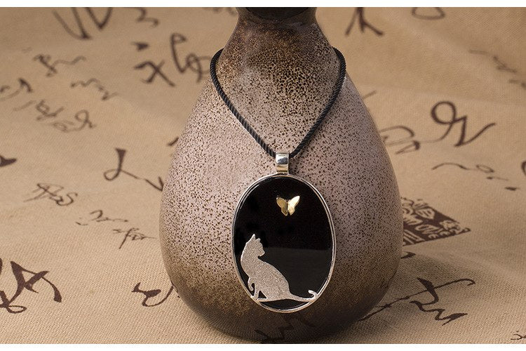 Real S925 Sterling Silver Oval Pendants Necklace with Rope Chains Naugthy Cat Playing with Butterfly Women Fine Jewelry