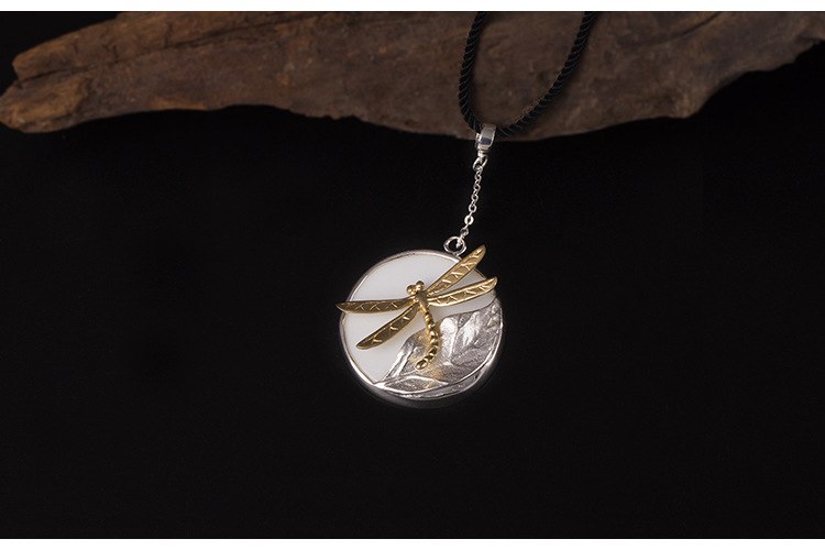Real S925 Sterling Silver White Ceramic Round Pendant for Women Handmade Dragonfly Necklaces Ethnic Engrave Leaf Bijoux