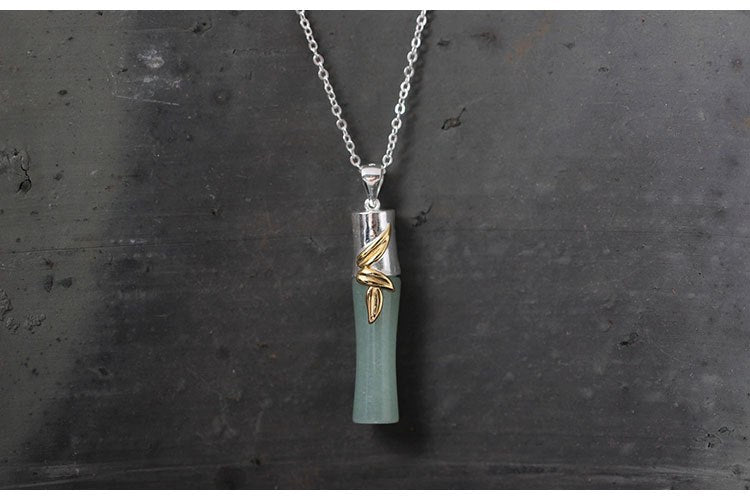 Real S925 Sterling Silver Women Bamboo Designer Pendant Necklace with Chain Natural Jade Jewelry Handmade Ethnic Bijoux