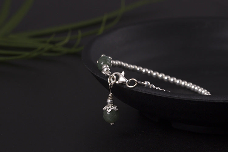 Real S925 Sterling Silver Women Beads Bangles Handmade Natural Jade Balls Dangle Bangle Ethnic Fine Jewelry Thin Bijoux