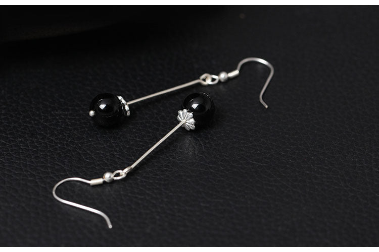 Real S925 Sterling Silver Women Beads Drop Earrings Simple Fashion Black Obsidian Ball Earrings Handmade Brincos Bijoux