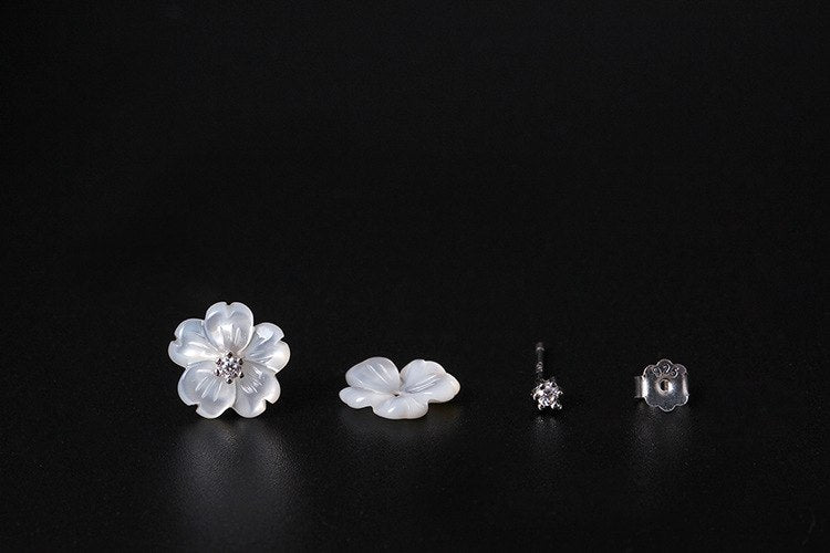 Real S925 Sterling Silver Women Natural White Shell Flower Studs Removable Dual-use MINI Crystals Stud Earrings Brincos