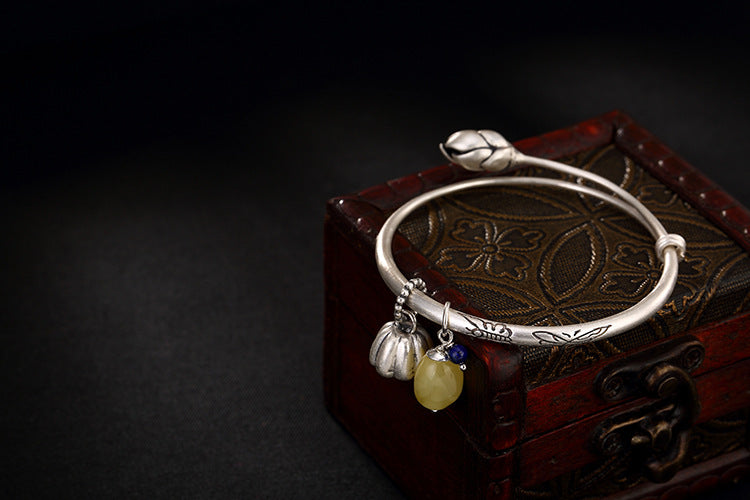 Real S990 Fine Silver Jewelry Natural Amber Charms Bangles Women Handmade Engraved Butterfly Bangle Ethnic Lotus Bijoux