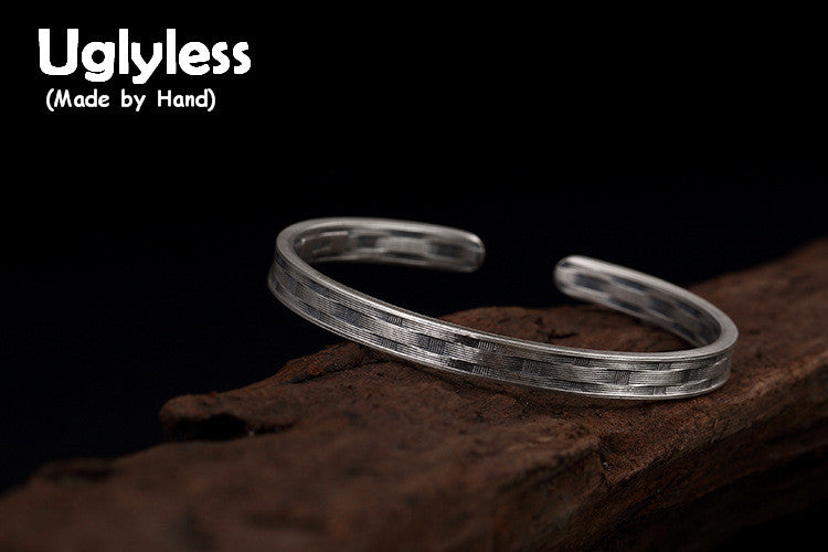 Real S999 Fine Silver Jewelry Vintage Gridded Bangles for Women Exotic Weave Texture Twist Bangle Simple Ethnic Bijoux