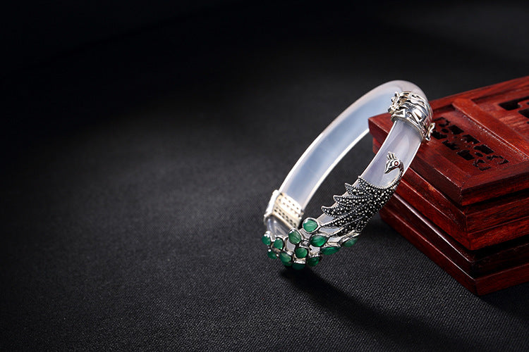 S 925 Sterling Silver Bangle Women Evening Dress Natural Green Chalcedony Bangles Marcasite Peacock Bijoux Fine Jewelry