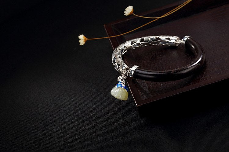 S 925 Sterling Silver Bangles Ethnic Hollow Bangle Women Sandalwood Fine Jewelry Retro Enamel Jade Lotus Charms Bijoux