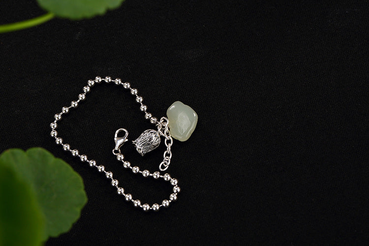 S 925 Sterling Silver Bracelets Women Natural White Jade Heart Charms Bracelet Cute Beading Fine Jewelry Orchid Bijoux