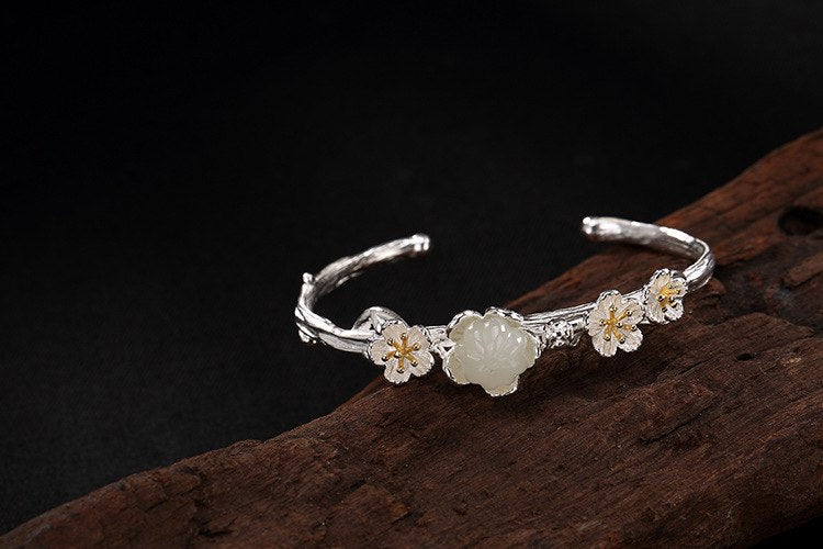 S 925 Sterling Silver Fine Jewelry Luxury Jade Plum Floral Bangles Women Elegant Bijoux Vintage Handmade Ethnic Bangle