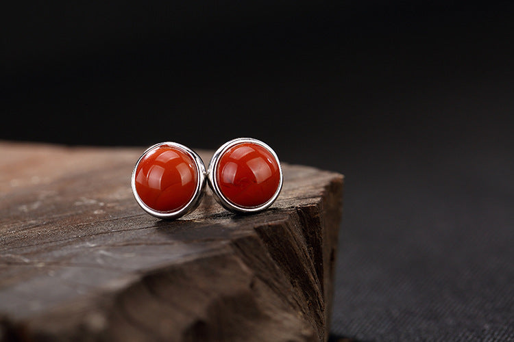 S 925 Sterling Silver Natural Agate Studs Earrings Nepal Ethnic Women Mini Brincos Handmade Fine Jewelry Vintage Bijoux