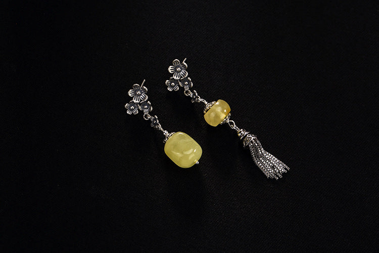 S 925 Sterling Silver Natural Beeswax Women Luxury Amber Earrings Asymmetric Tassel Brincos Flower Bijoux Retro Jewelry