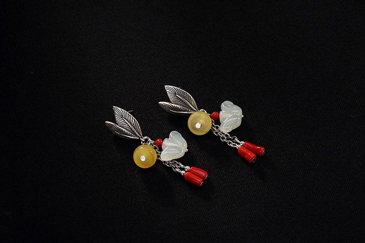 S 925 Sterling Silver Natural Beeswax Women Vintage Earrings Jade Butterfly Brincos Handmade Leaves Jewelry Agate Beads