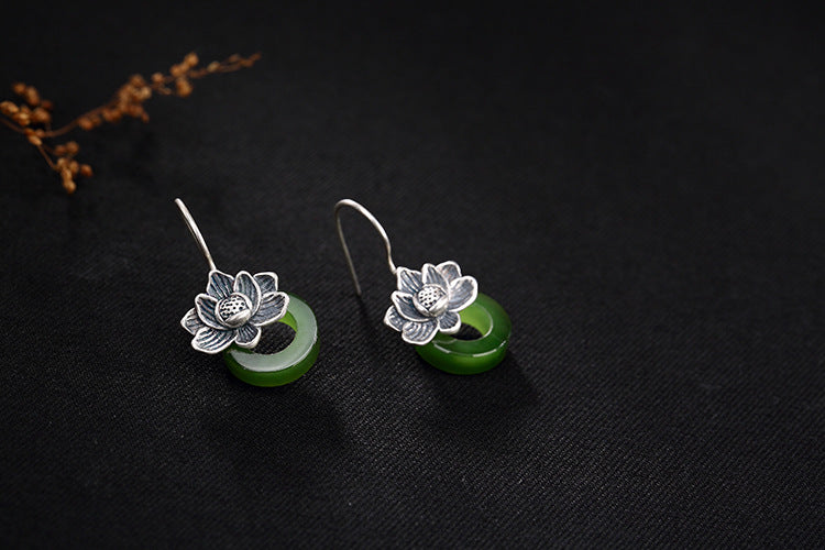 S 925 Sterling Silver Natural Green Jade Circle Earrings for Women Vintage Ethnic Lotus Brincos Handmade Jasper Bijoux