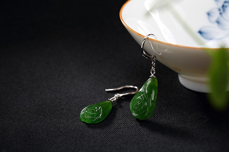 S 925 Sterling Silver Natural Green Jade Rose Earrings Jasper Handmade Women Ethnic Brincos Bijoux Luxury Retro Jewelry