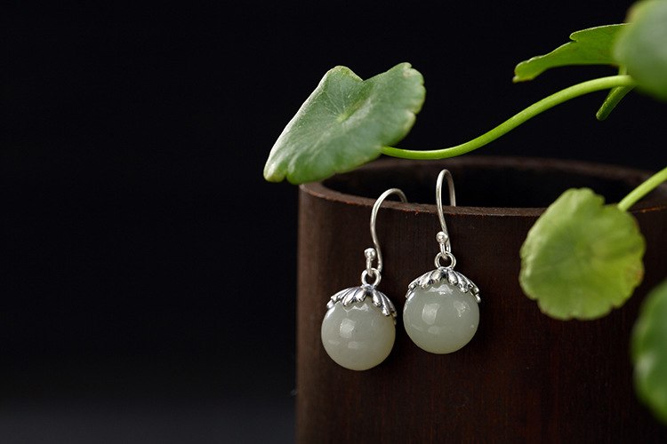 S 925 Sterling Silver Natural Jade Ball Drop Earrings Women Ethnic Jewelr Elegant Statement Brincos Retro Ethnic Bijoux