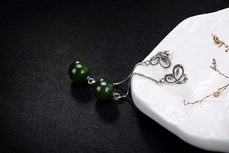 S 925 Sterling Silver Natural Jade Green Balls Bijoux Jasper Earrings for Women Ethnic Retro Butterfly Brincos Jewelry