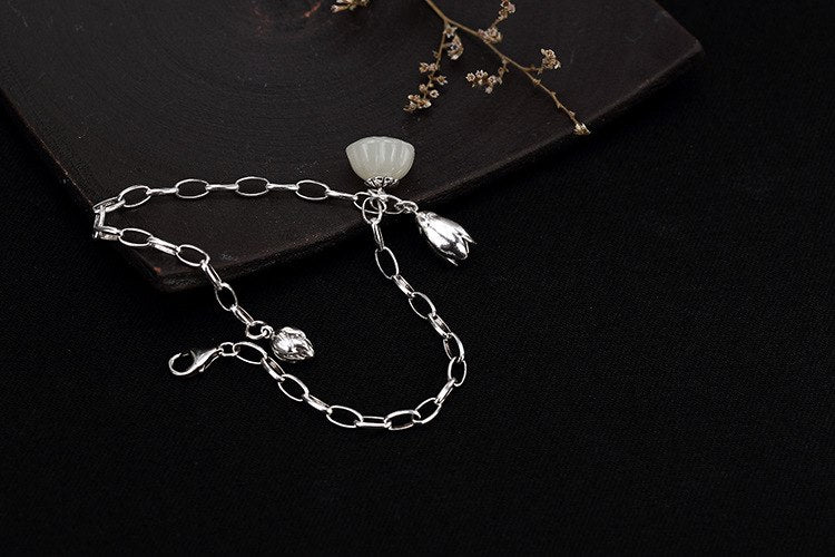 S 925 Sterling Silver Natural Jade Lotus Bracelet Elegant Women Chains Bracelets Charms Jewelry Handmade Floral Bijoux