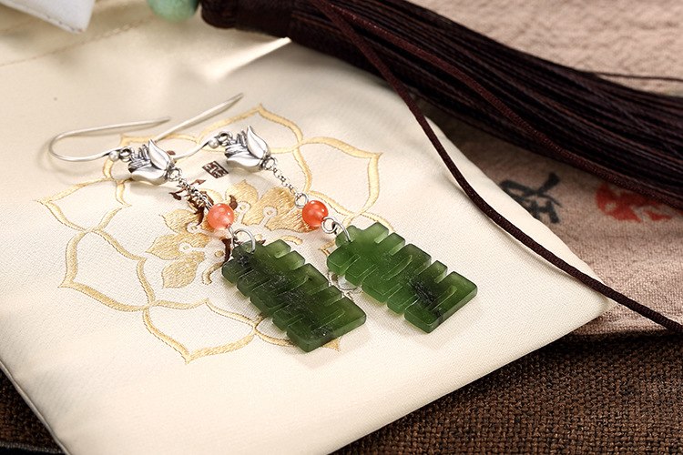 S 925 Sterling Silver Natural Jade Maze Dangle Earrings Jasper Luxury Women Ethnic Dress Brincos Handmade Rose Jewelry
