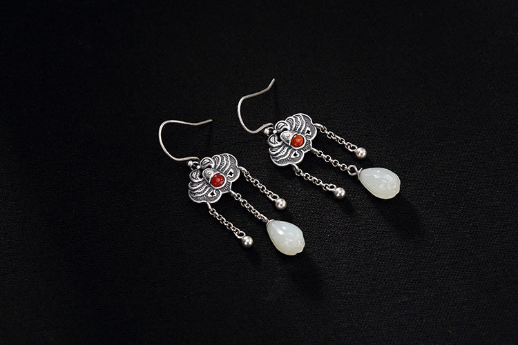 S 925 Sterling Silver Natural Jade Orchid Women Dress Earrings Engraved Bat Totem Ethnic Brincos Agate Bead Fine Bijoux