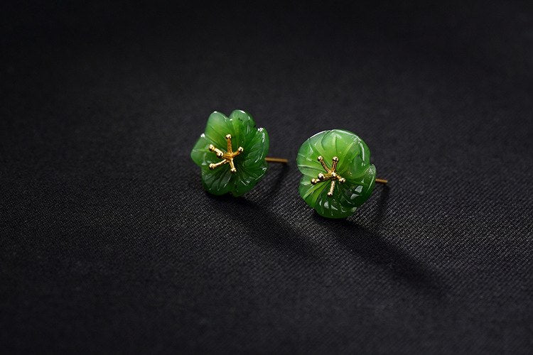 S 925 Sterling Silver Natural Jasper Plum Flower Stud Earrings Romantic Floral Women Green Jade Brincos Fine Jewelry