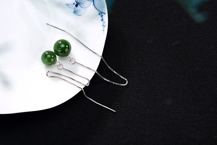 S 925 Sterling Silver Natural Jasper Women Beads Dangle Earrings Long Ear Line Jade Brincos Vintage Fine Jewelry Ethnic