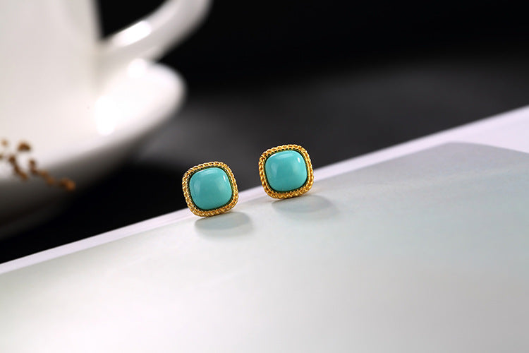 S 925 Sterling Silver Natural Turquoise Jewelry Women Ethnic Stud Earrings Vintage Square Brincos Handmade Twist Bijoux