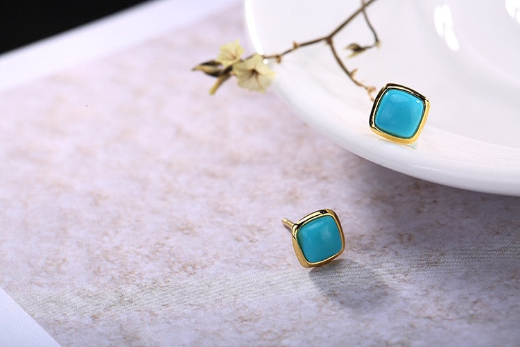 S 925 Sterling Silver Natural Turquoise Jewelry Women Statement Stud Earrings Vintage Square Brincos Ethnic Fine Bijoux