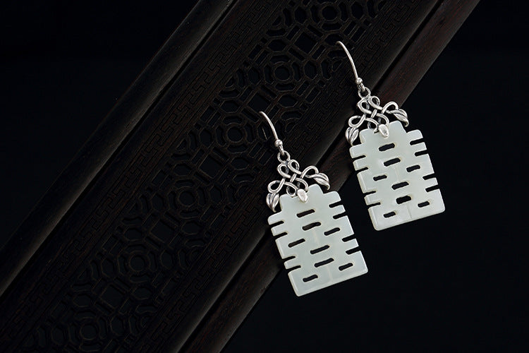 S 925 Sterling Silver Natural White Jade Maze Dangle Earrings Chinese Word Jewelry Women Vintage Brincos Ethnic Bijoux
