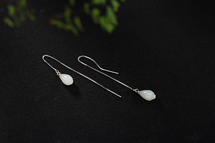 S 925 Sterling Silver Natural White Jade Orchid Dangle Earrings Women Elegant Flower Ear Line Retro Fine Brincos Bijoux