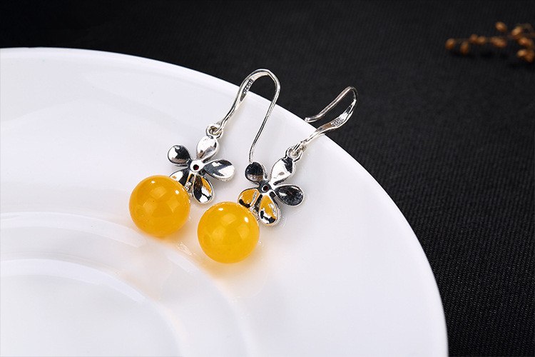 S 925 Sterling Silver Natural Yellow Chalcedony Women Ball Earrings Marcasite Flower Ethnic Brincos Vintage Fine Bijoux