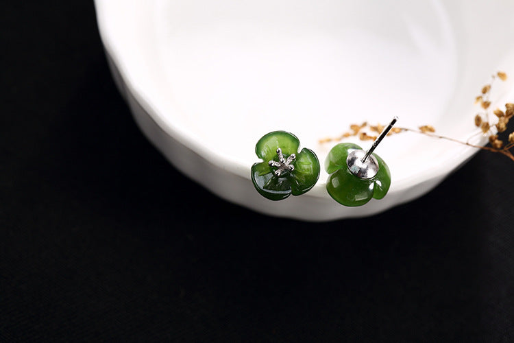 S 925 Sterling Silver Nature Jade Flower Stud Earrings Romantic Floral Women Jasper Brincos Handmade Fine Bijoux Retro