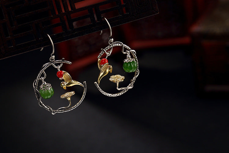 S 925 Sterling Silver Nature Jasper Lotus Women Earrings Handmade Bird Brincos Ethnic Vintage Fine Jewelry Beads Bijoux