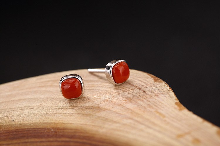 S 925 Sterling Silver Nature Lapis Stud Earrings Agate Studs Women Ethnic Vintage Square Brincos Handmade Fine Jewelry
