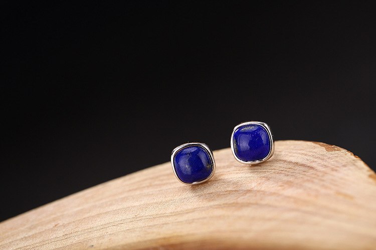 S 925 Sterling Silver Nature Lapis Stud Earrings Agate Studs Women Ethnic Vintage Square Brincos Handmade Fine Jewelry
