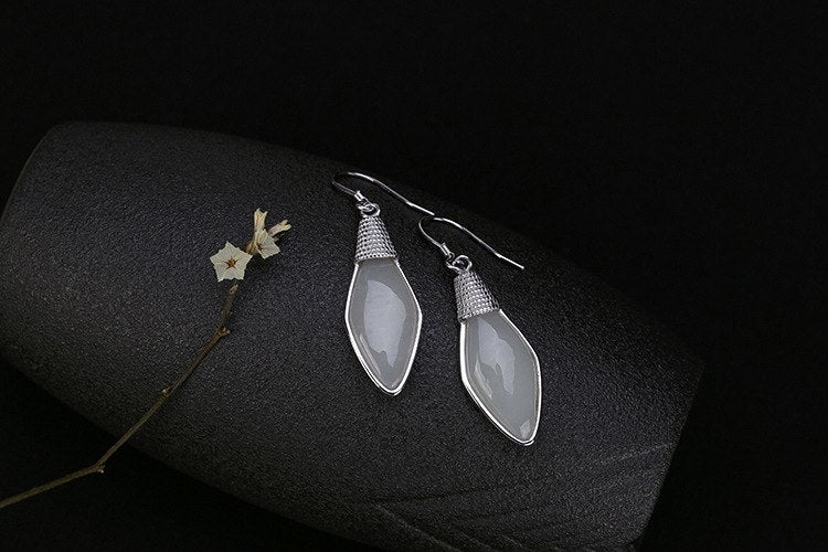 S 925 Sterling Silver Rhombus Earrings Natural Jade Dangle Earrings Simple Fashion Geometric Gemstone Jewelry Brincos
