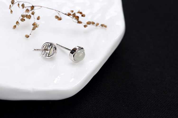 S 925 Sterling Silver Women Natural Jade Beads Stud Earrings Elegant Vintage Jasper Party Statement Brincos Fine Bijoux