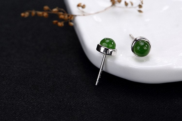 S 925 Sterling Silver Women Natural Jade Beads Stud Earrings Elegant Vintage Jasper Party Statement Brincos Fine Bijoux