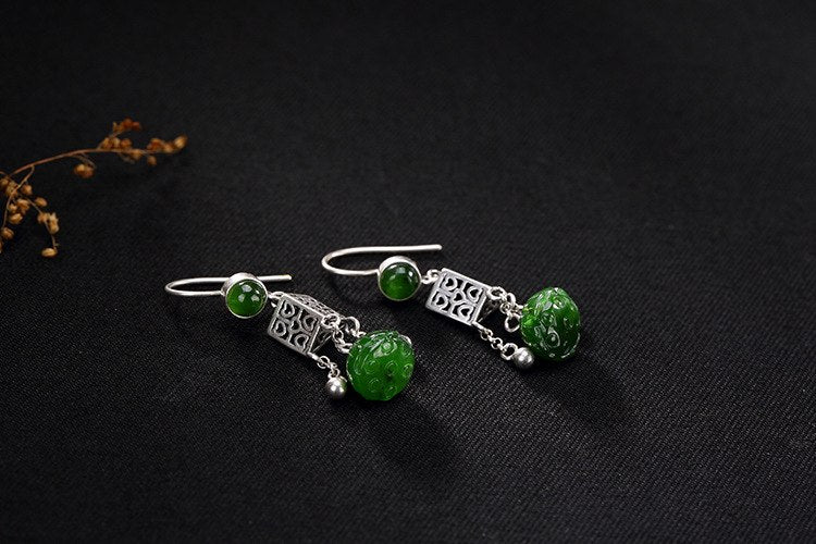 S S925 Sterling Silver Natural Jade Lotus Earrings Vintage Women Luxury Jasper Brincos Hollow Triangle Jewelry Tassels