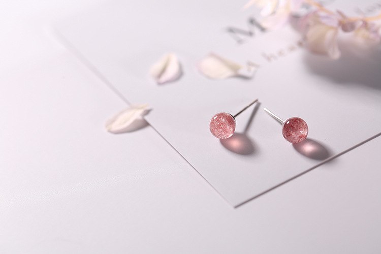 S925 Sterling Silver Ball Studs Handmade MINI Size Women Stud Earrings Strawberry Quartz Natural Gemstone Pink Earrings