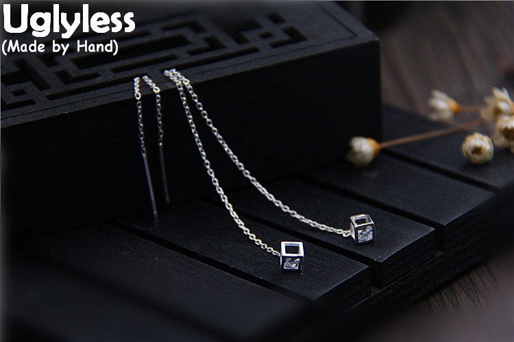 S925 Sterling Silver Chains Tassel Earrings for Women Hollow Cube Crystals Dangle Earrings Long Ear Line Brincos Bijoux
