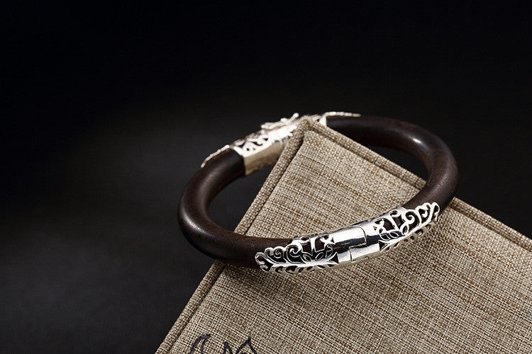 S925 Sterling Silver Handmade Fine Jewelry Hollow Grass Patterns Ethnic Bangles for Women New Fashion Sandalwood Bangle