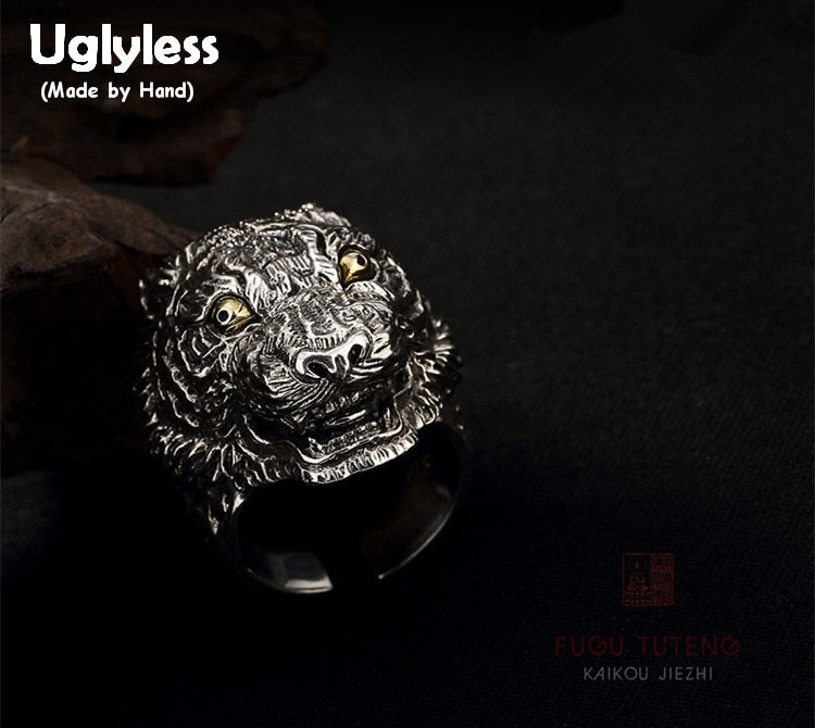 Thai 925 Sterling Silver Men Opening Rings Handmade Carved Big Size Horrible Dogs Ring Co Guys Jewelry Vintage Bijoux