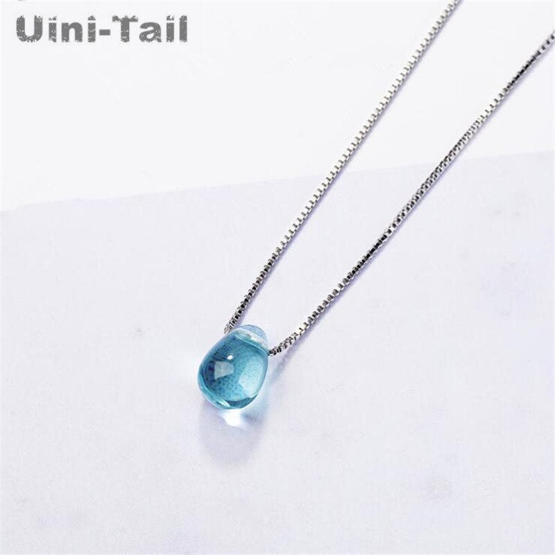 Uini-Tail 925 sterling silver blue artificial crystal necklace Korean simple temperament water drop pendant versatile