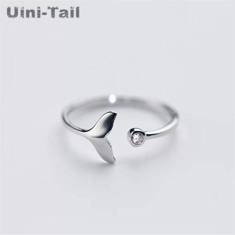 Uini-Tail   925 sterling silver whale fishtail micro-inlay ring ladies Korean  tide flow cute sweet jewelry GN759