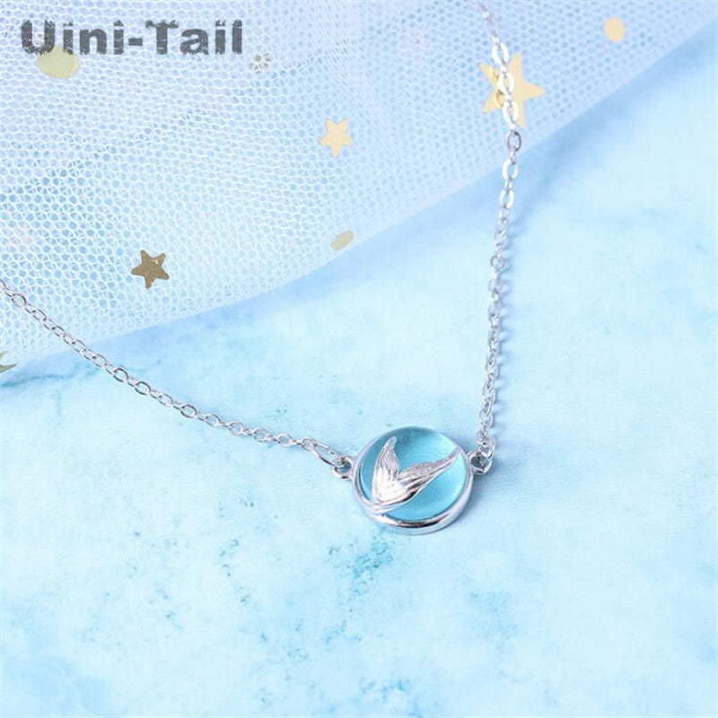 new 925 sterling silver mermaid tear necklace blue bubble Korean version of the simple fashion dynamic small fresh