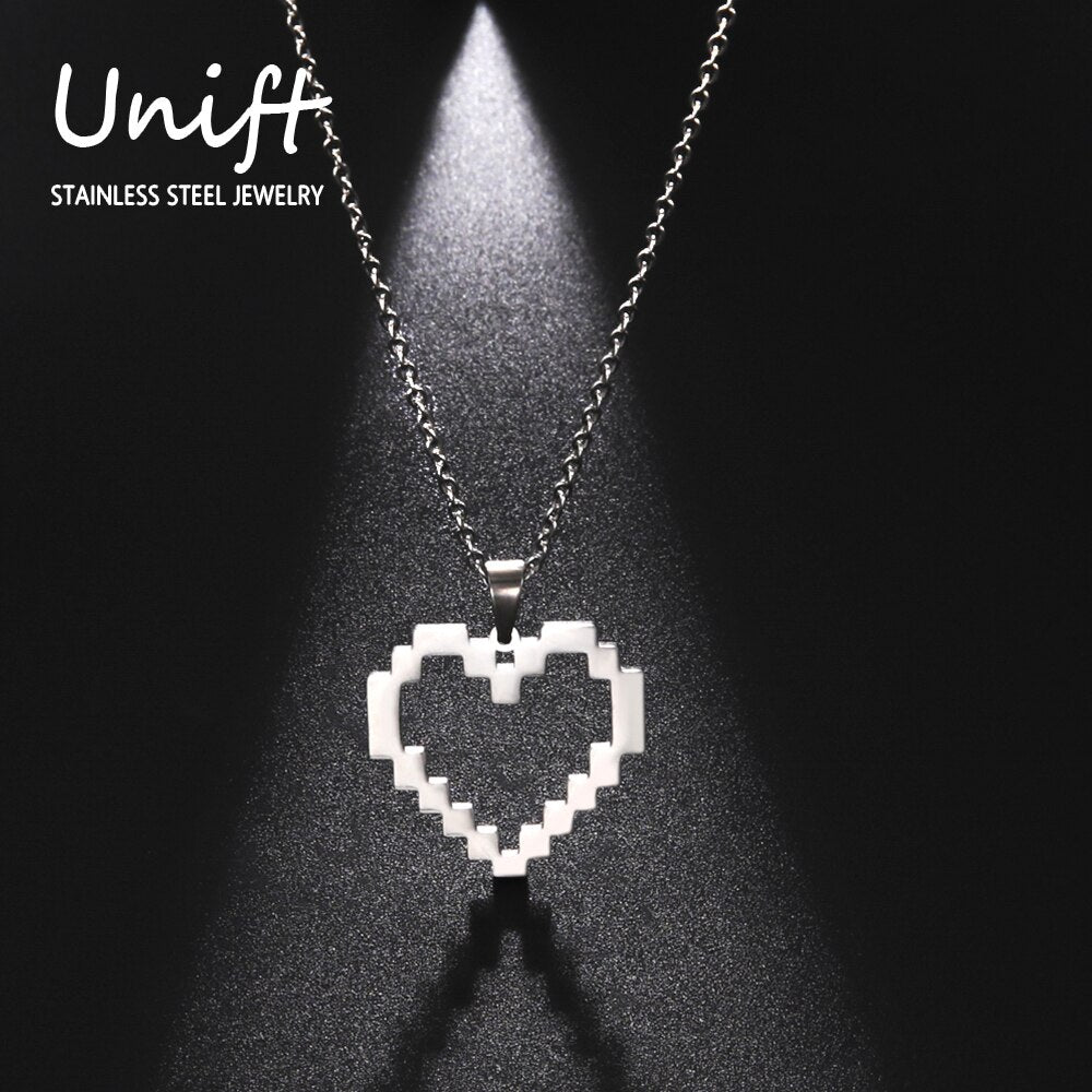 Unift Lovely Hollow  Retro Mosaic Heart Necklace for Women Stainless Steel Clavicle Necklace Pixel Style Trendy Party Jewelry